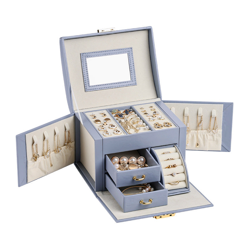 Light Blue Luxury PU Leather Jewelry Storage Box - 3-Tier Organizer with Mirror for Necklaces, Earrings, and Rings(Jewel