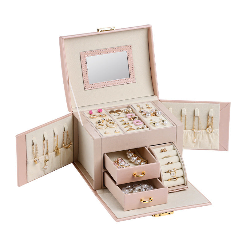 Light Pink Luxury PU Leather Jewelry Storage Box - 3-Tier Organizer with Mirror for Necklaces, Earrings, and Rings(Jewel