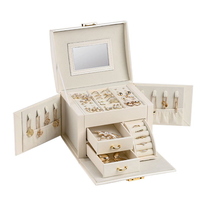 White Pink Luxury PU Leather Jewelry Storage Box - 3-Tier Organizer with Mirror for Necklaces, Earrings, and Rings(Jewel