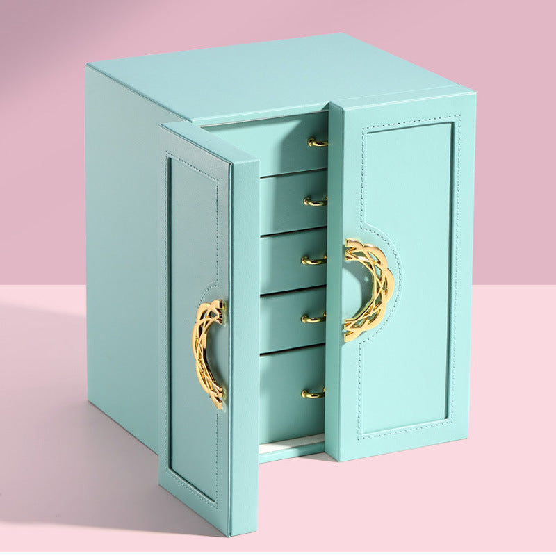 Light Blue Elegant 5-Layer Large Capacity Jewelry Storage Box with Dual Opening Doors - Perfect for Organizing Necklaces