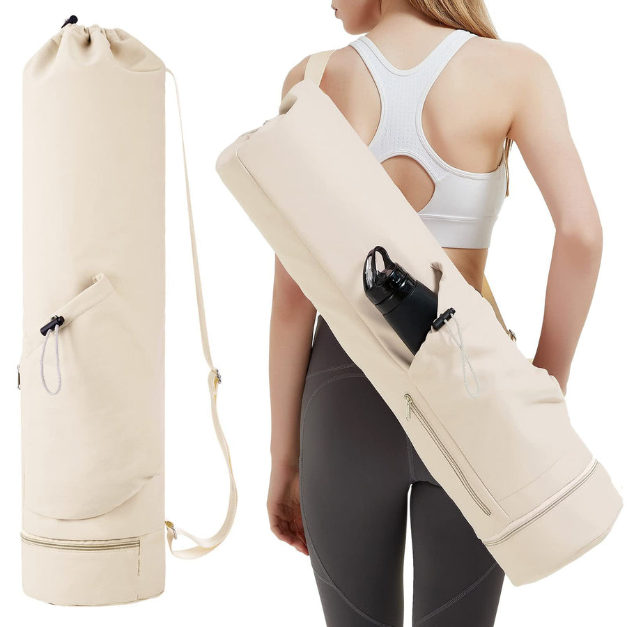 Off White Durable Yoga Mat Carry Bag - Multi-Functional Fitness Backpack with Wet Pocket(Mugs are filming props, not inc