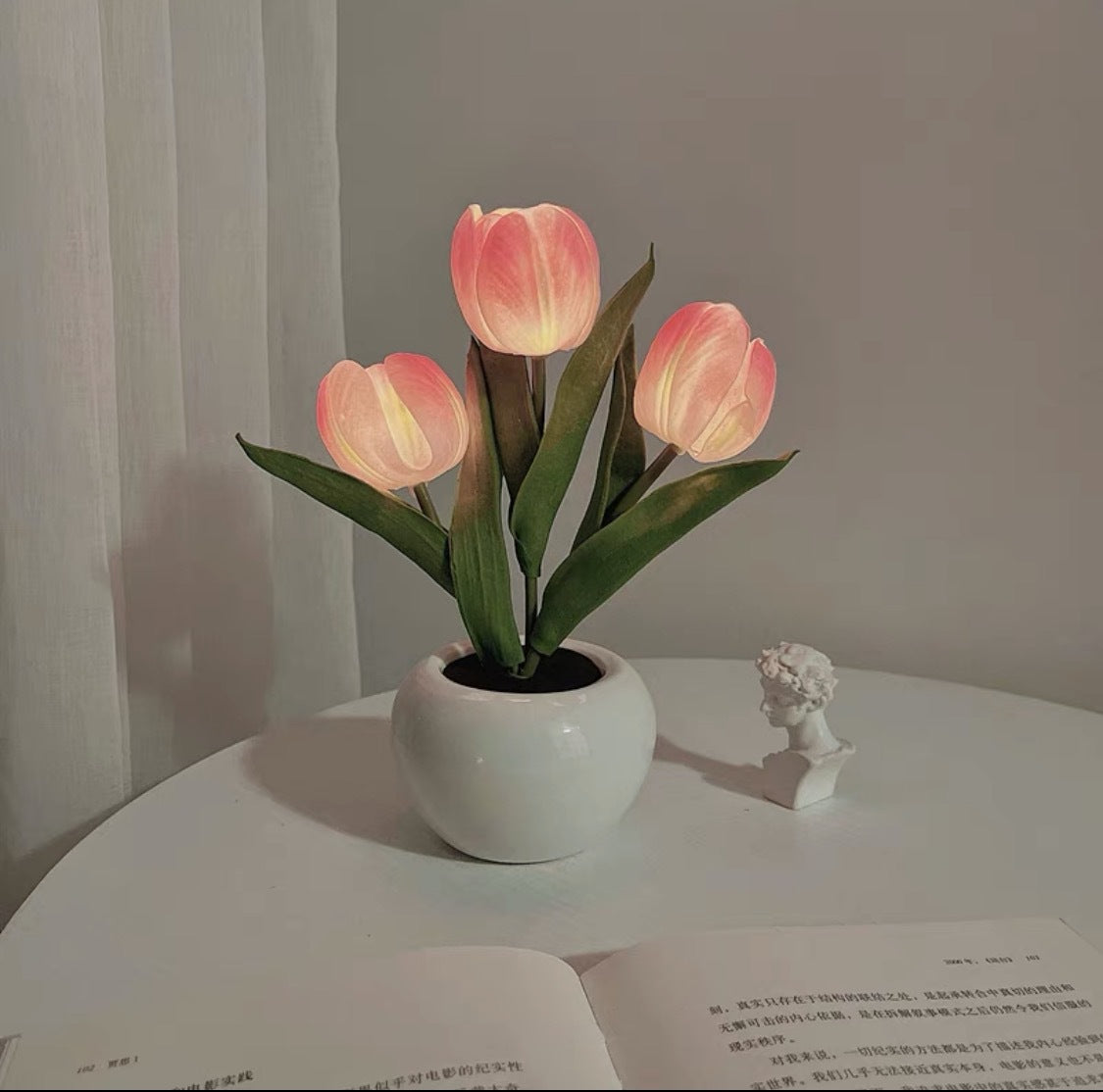 Pink Flowers USB Tulip Night Light - Bedroom Decor Table Lamp with PU Flowers & Ceramic Pot, Perfect Gift for Family & F