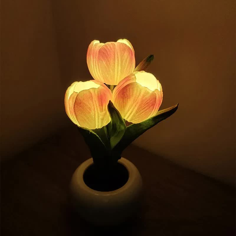 Orange Flowers USB Tulip Night Light - Bedroom Decor Table Lamp with PU Flowers & Ceramic Pot, Perfect Gift for Family &