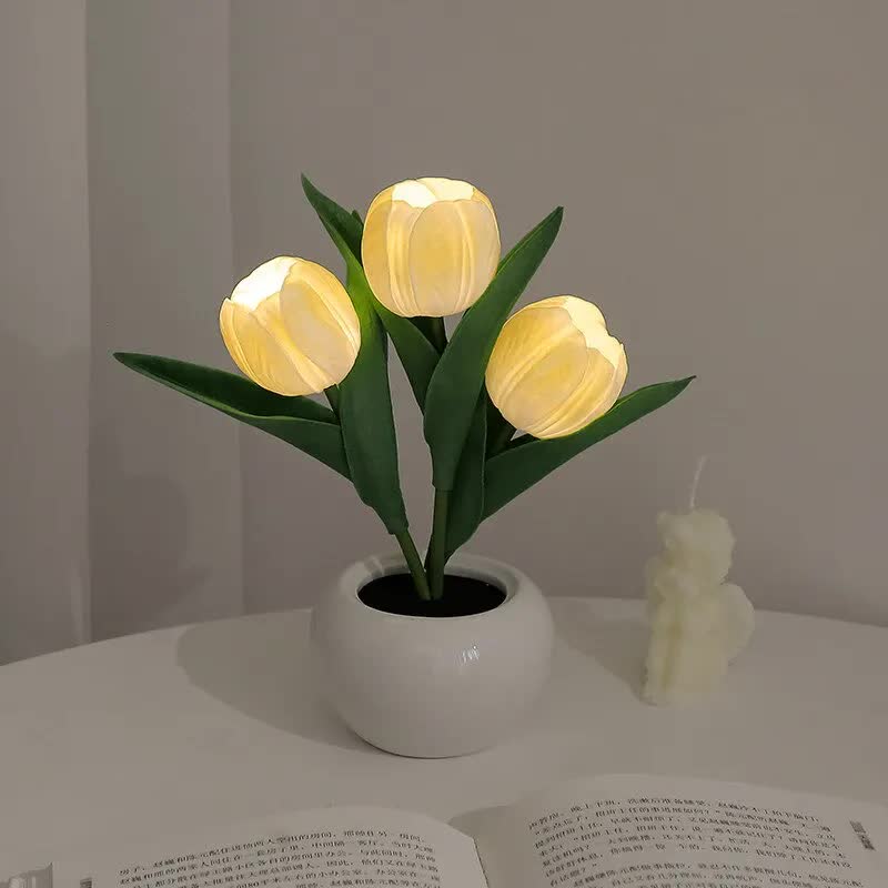 Yellow Flowers USB Tulip Night Light - Bedroom Decor Table Lamp with PU Flowers & Ceramic Pot, Perfect Gift for Family &