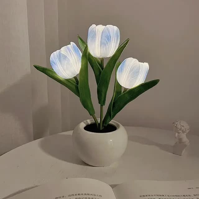 Blue Flowers USB Tulip Night Light - Bedroom Decor Table Lamp with PU Flowers & Ceramic Pot, Perfect Gift for Family & F