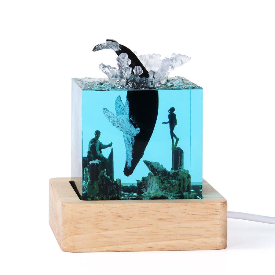 Blue Ancient Architecture Humpback Whale in the Water Handcrafted Ocean Resin Whale Night Light - Unique Home Decor Tabl