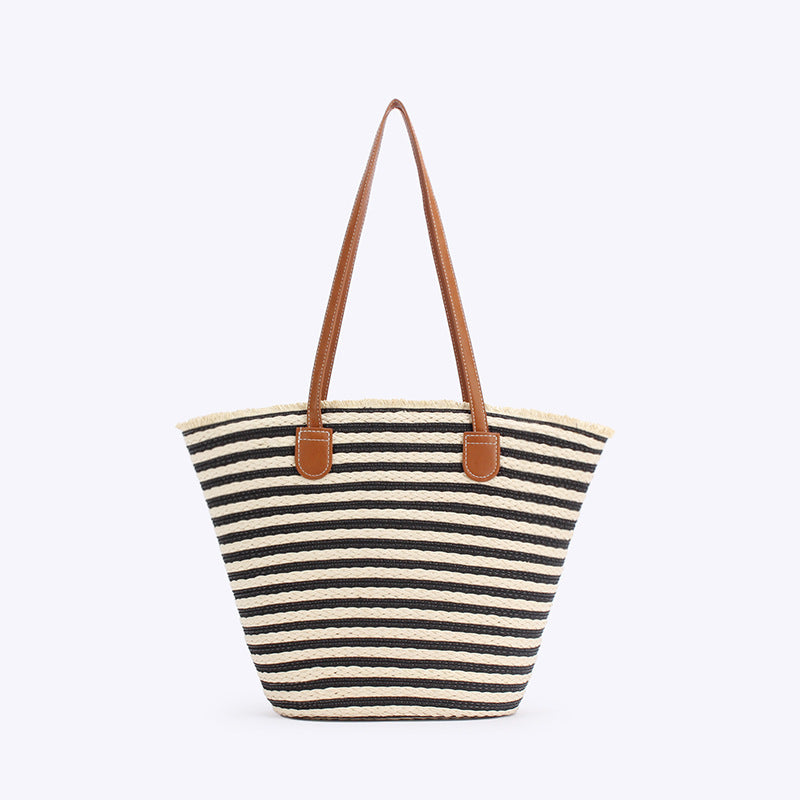 Black And White Stripes Handmade Large Capacity Striped Beach Tote Bag with Zipper and Inner Pocket - Summer Vacation Wo