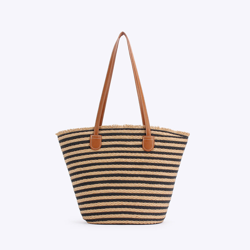 Black And Brown Stripes Handmade Large Capacity Striped Beach Tote Bag with Zipper and Inner Pocket - Summer Vacation Wo