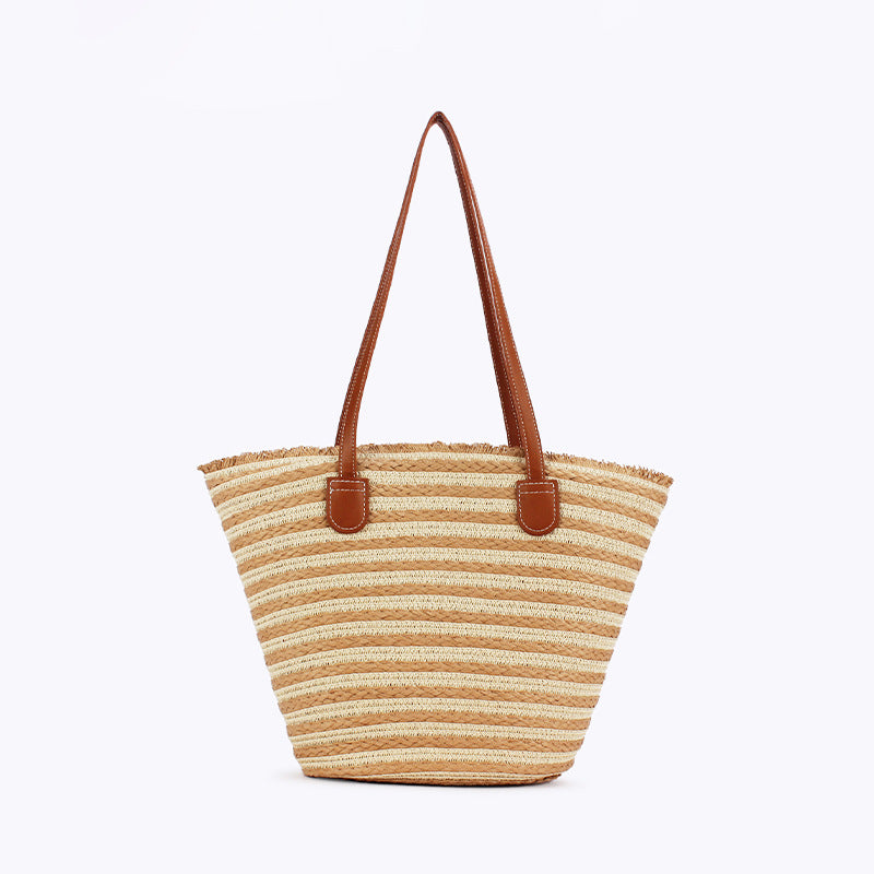 White And Yellow Stripes Handmade Large Capacity Striped Beach Tote Bag with Zipper and Inner Pocket - Summer Vacation W