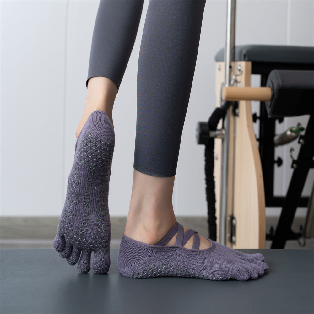 2 Pcs Purple Non-Slip Yoga Pilates Socks with Toe Design for Women â€“ Cotton Blend with Anti-Slip Silicone Grip