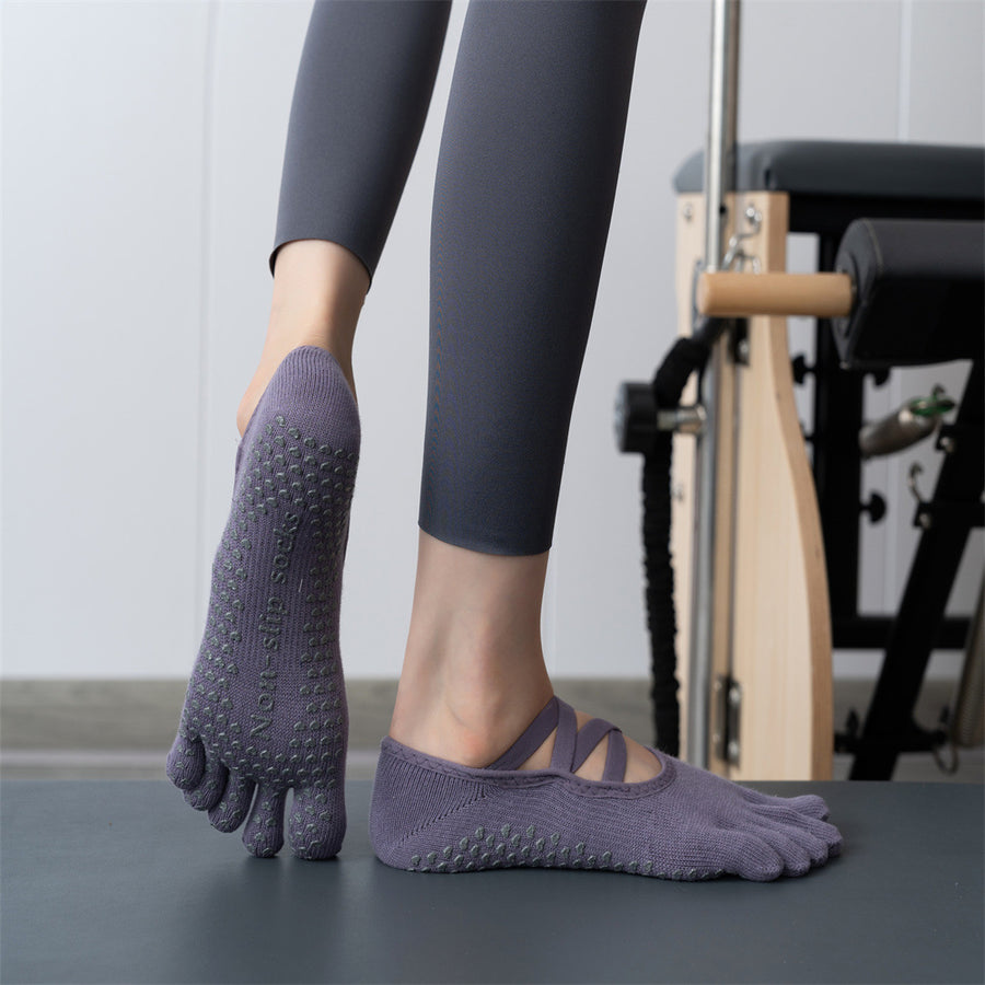 2 Pcs Purple Non-Slip Yoga Pilates Socks with Toe Design for Women â€“ Cotton Blend with Anti-Slip Silicone Grip