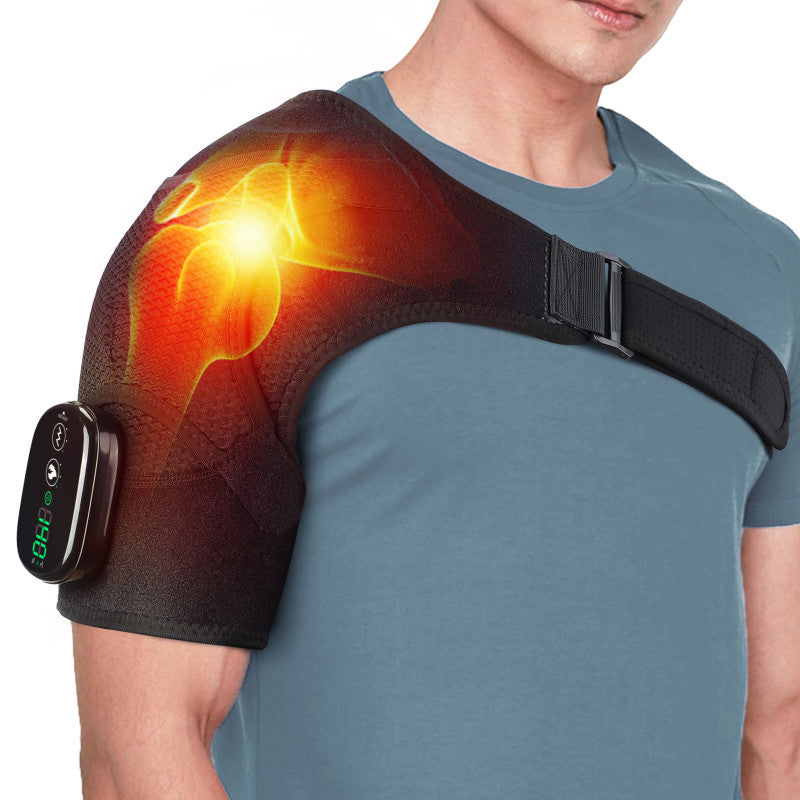 Black Rechargeable Heated Shoulder Massager with LED Display - Adjustable Compression Wrap for Pain Relief and Relaxatio