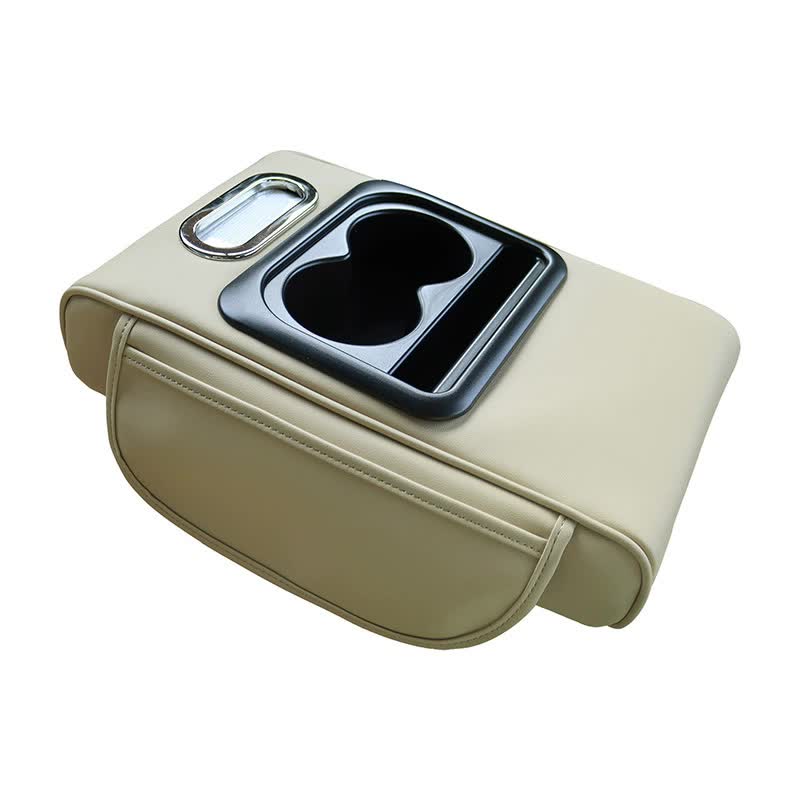 GT-6 No embroidery Beige ,Multifunctional Car Armrest Storage Box Cushion - Universal Fit with Cup Holder and Tissue Dis