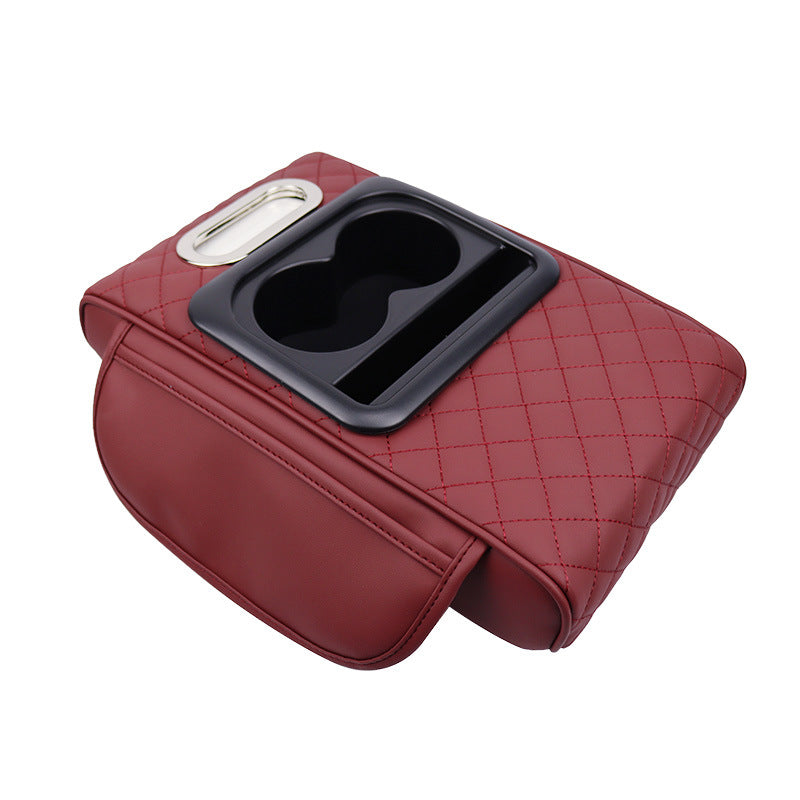GT-6 Embroidery Wine Red ,Multifunctional Car Armrest Storage Box Cushion - Universal Fit with Cup Holder and Tissue Dis