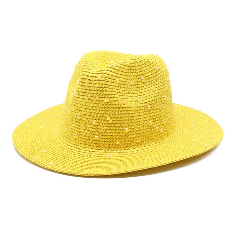 Yellow Women's Wide-Brim Straw Hat with Rhinestones - Elegant and Breathable Sun Hat for Summer Outdoors,Mï¼ˆ56-58cmï¼‰