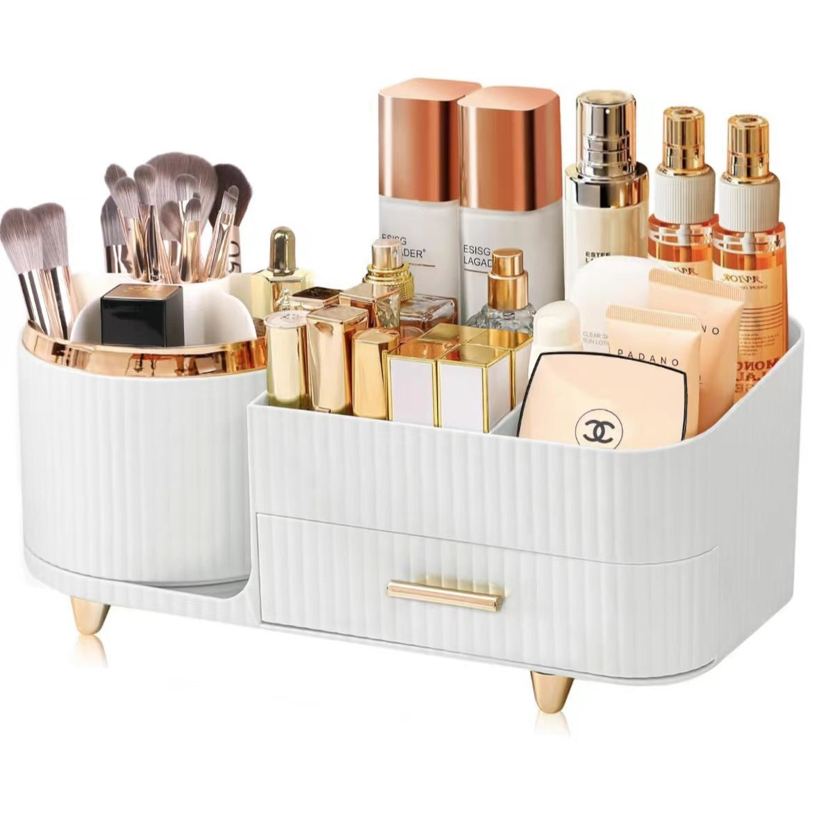 White Rotating Makeup Organizer Box - Multi-Compartment Cosmetic Storage 