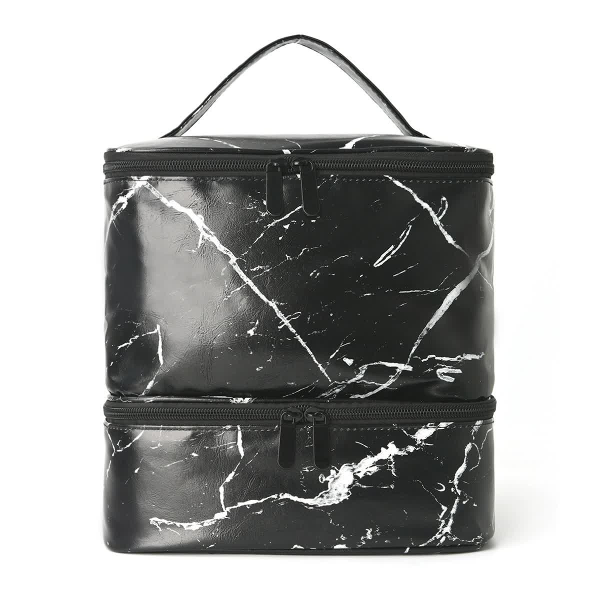 Black Marble Double-Layer PU Nail Polish Storage Case with High Capacity for Essential Oils and Nail Lamp - Portable & A