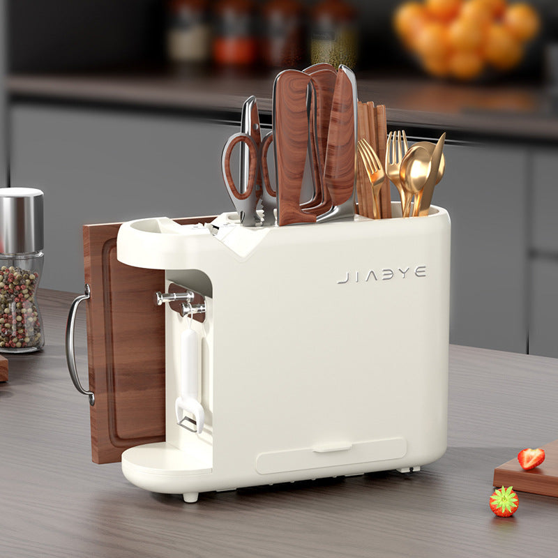 White Multifunctional Kitchen Knife Rack - Storage Organizer with Built-in Knife Sharpener, for Knives, Chopsticks, Cutt