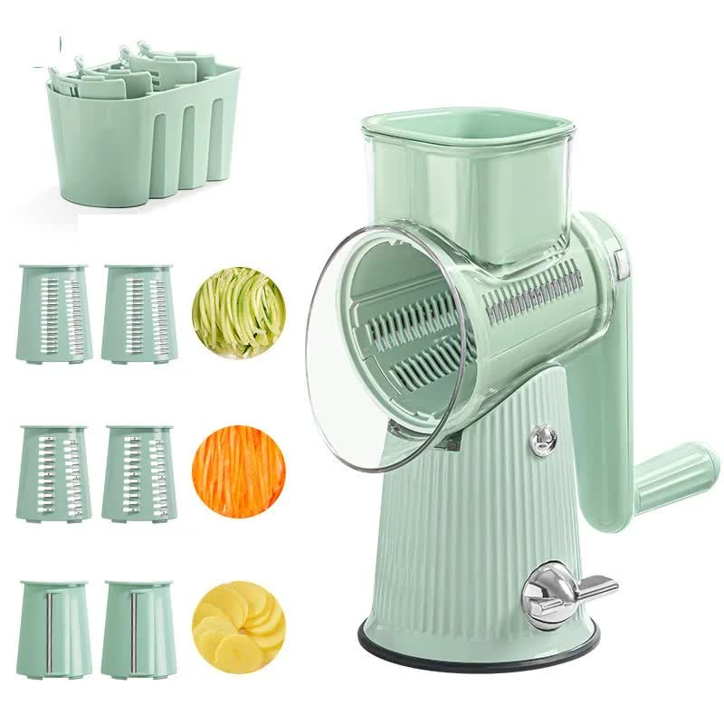 Green 10-in-1 Manual Vegetable Slicer with Interchangeable Blades - Multifunctional Rotary Grater and Shredder for Kitch