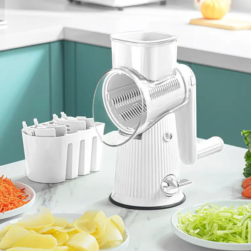 White 10-in-1 Manual Vegetable Slicer with Interchangeable Blades - Multifunctional Rotary Grater and Shredder for Kitch