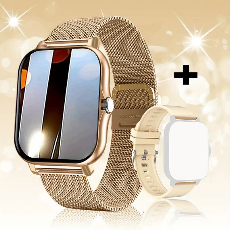 Steel Bracelet With Silicone Strap Gold Smart Fitness Watch with Large Display - 24 Sport Modes, Heart Rate Monitor & Mo