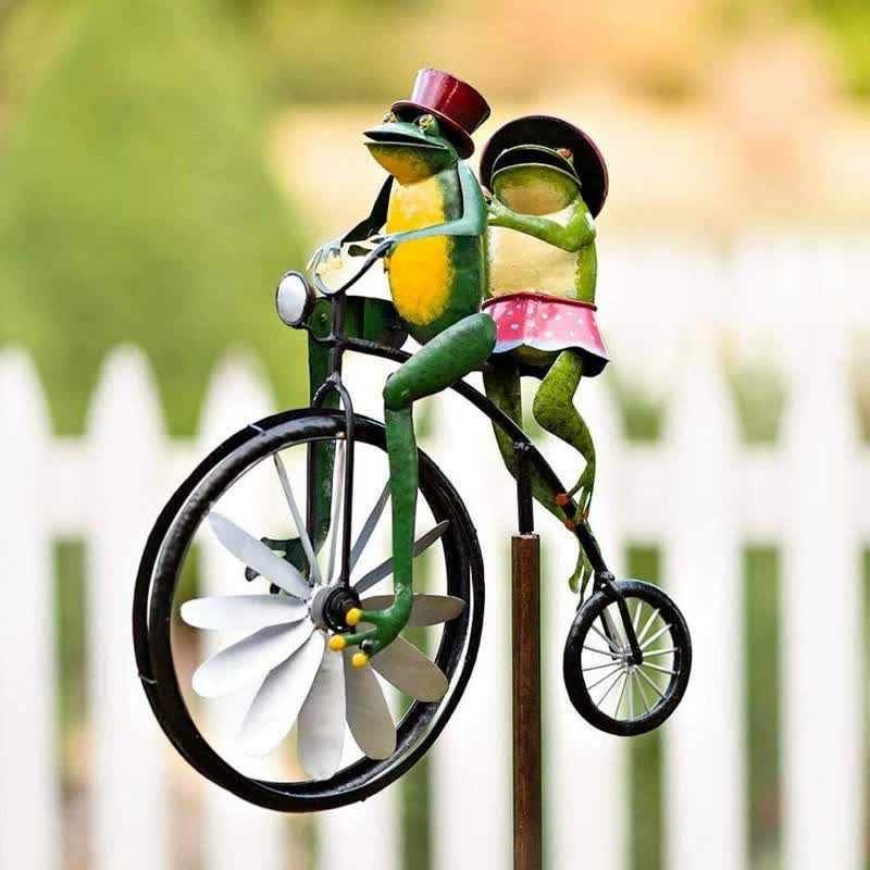 Whimsical Frog Garden Wind Spinner â€“ Metal Yard Art with Cycling Frogs