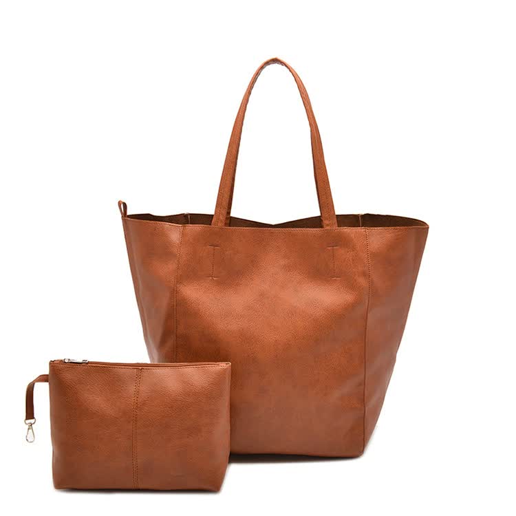 Brown Classic Large PU Leather Tote Bag with Inner Pouch - Elegant and Functional