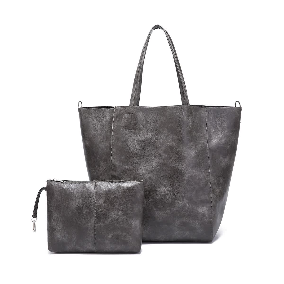 Grey Classic Large PU Leather Tote Bag with Inner Pouch - Elegant and Functional