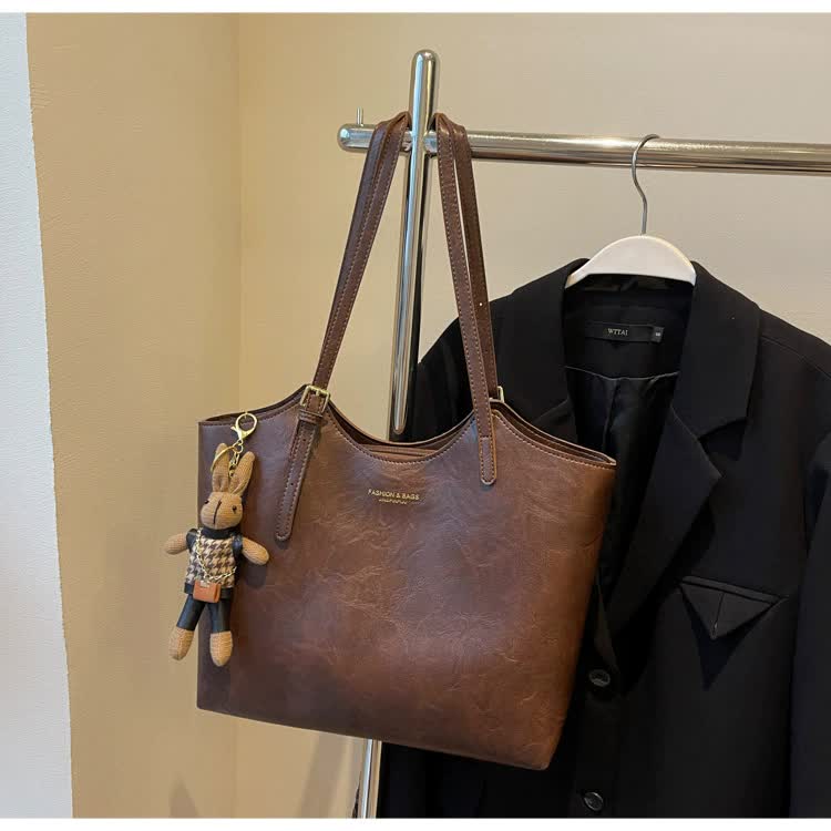 Coffee Brown Elegant Black PU Leather Tote Bag with Cute Bear Keychain - Large Capacity Handbag for Women (38 x 26 x 13 
