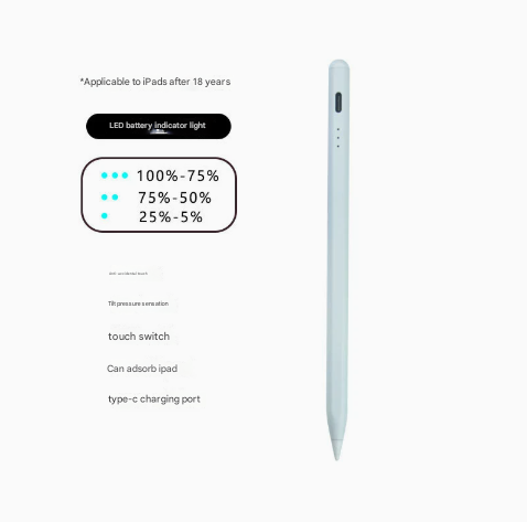 White Stylus Pen for iPad (2018 & Later) - Tilt Pressure, Magnetic Attachment, LED Battery Indicator, Type-C Rechargeabl