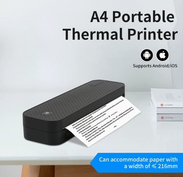 Black A4 Portable Thermal Printer for Android/iOS - Compact and Wireless, Supports Paper Width â‰¤ 216mm