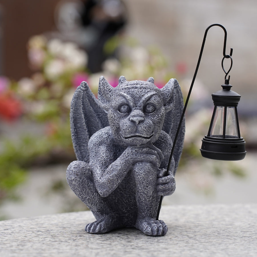 Solar-Powered Gargoyle Statue with LED Lantern â€“ Gothic Outdoor Halloween Garden Decor