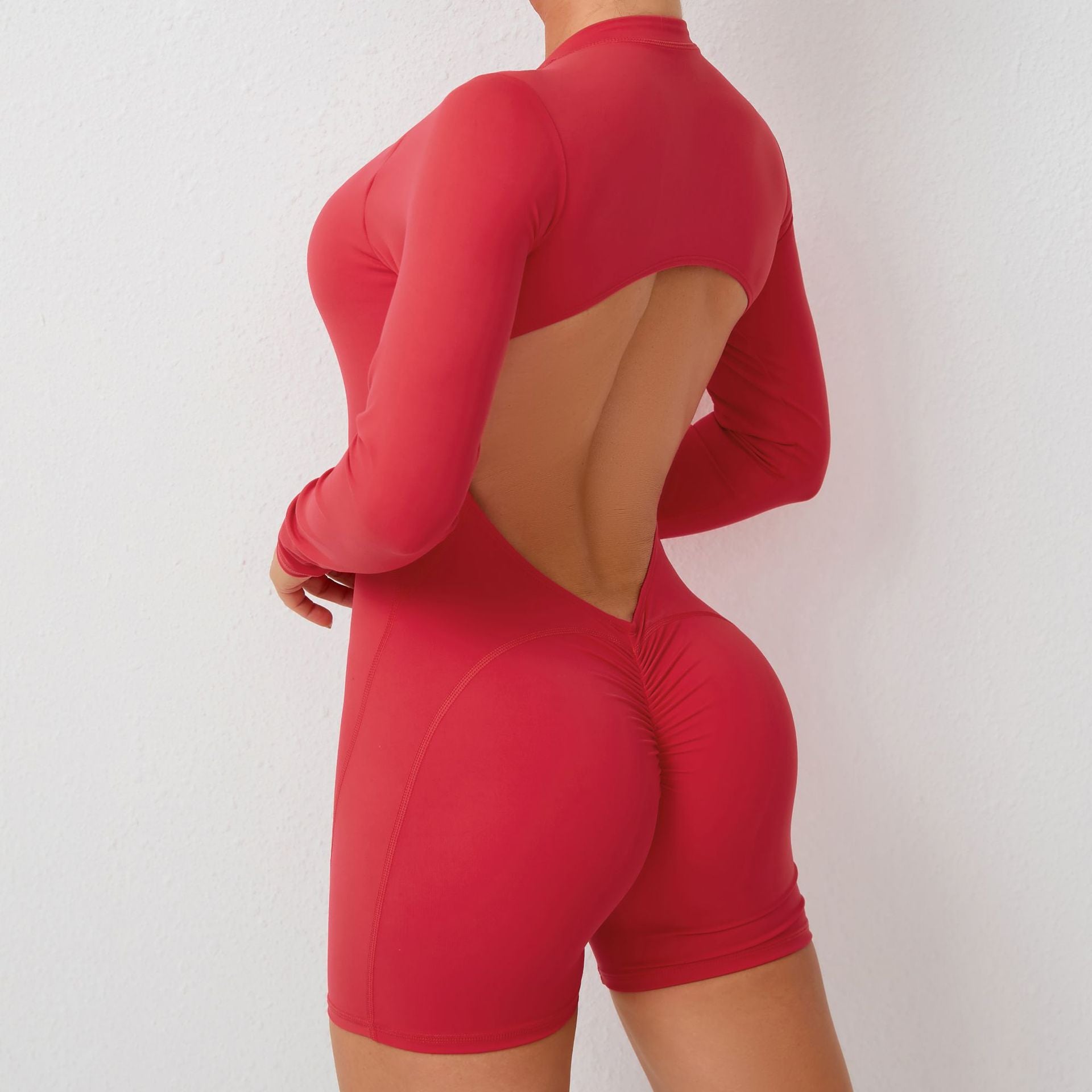 L Red Backless Scrunch Butt Workout Jumpsuit - Long-Sleeve Open-Back Yoga Romper