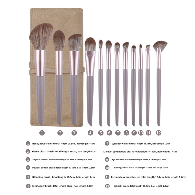 Gray purple 12-Piece Professional Makeup Brush Set with Cosmetic Bag - Premium Synthetic Fiber, Wooden Handle, Aluminum 