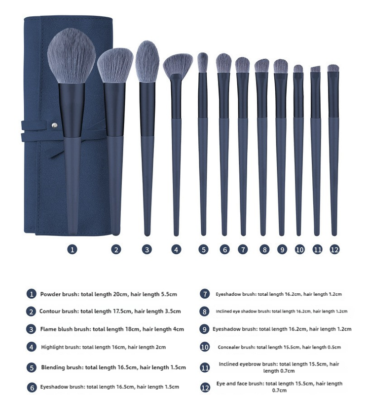 Dark Blue 12-Piece Professional Makeup Brush Set with Cosmetic Bag - Premium Synthetic Fiber, Wooden Handle, Aluminum Tu