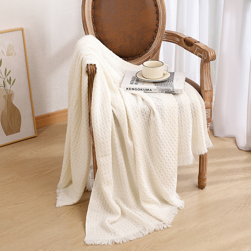 130*230CM Off White Nordic Solid Color Knitted Sofa Throw Blanket with Tassels â€“ Waffle Weave Polyester Decorative Bla