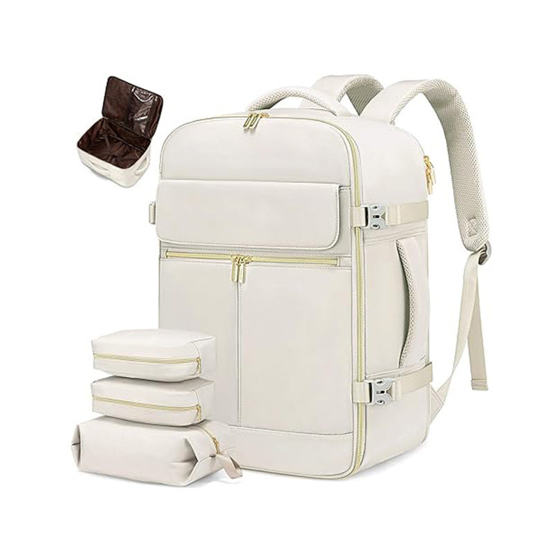 Off White 40L Large Capacity Travel Business Backpack with Expandable Compartments, Including 2 Toiletry Bags and Shoe B