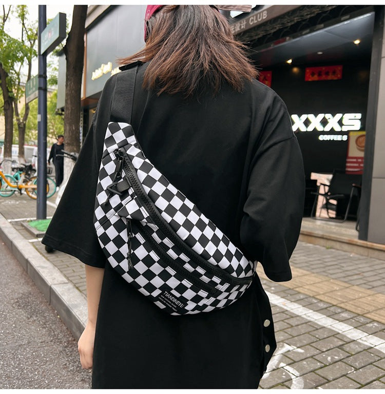 Black and White Check Trendy Checkered Crossbody Bag - Color-Block Chest Bag for Men and Women, Lightweight Nylon Waist 