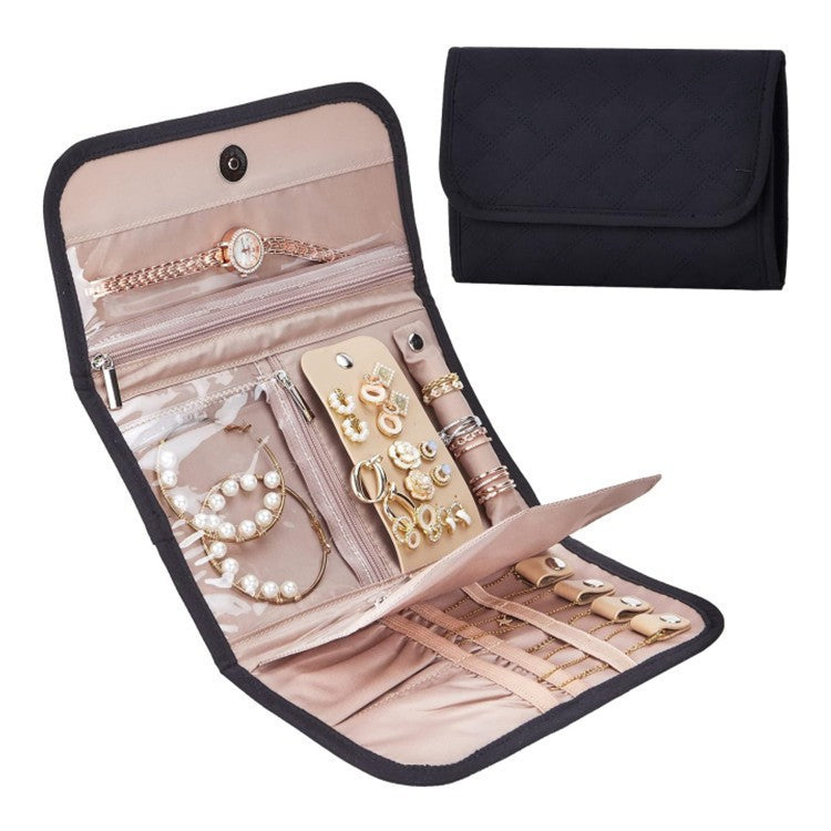 Black Portable Travel Jewelry Organizer Roll - Foldable Jewelry Storage Pouch for Earrings, Rings, and Necklaces(Jewelle