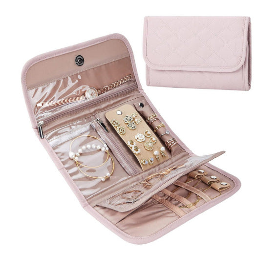 Pink Portable Travel Jewelry Organizer Roll - Foldable Jewelry Storage Pouch for Earrings, Rings, and Necklaces(Jeweller