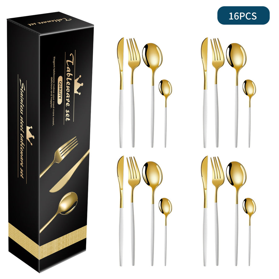 White And Gold Patchwork Colours 410 Stainless Steel 16-Piece Flatware Set - Elegant Dinnerware with Knife, Fork, Spoon 