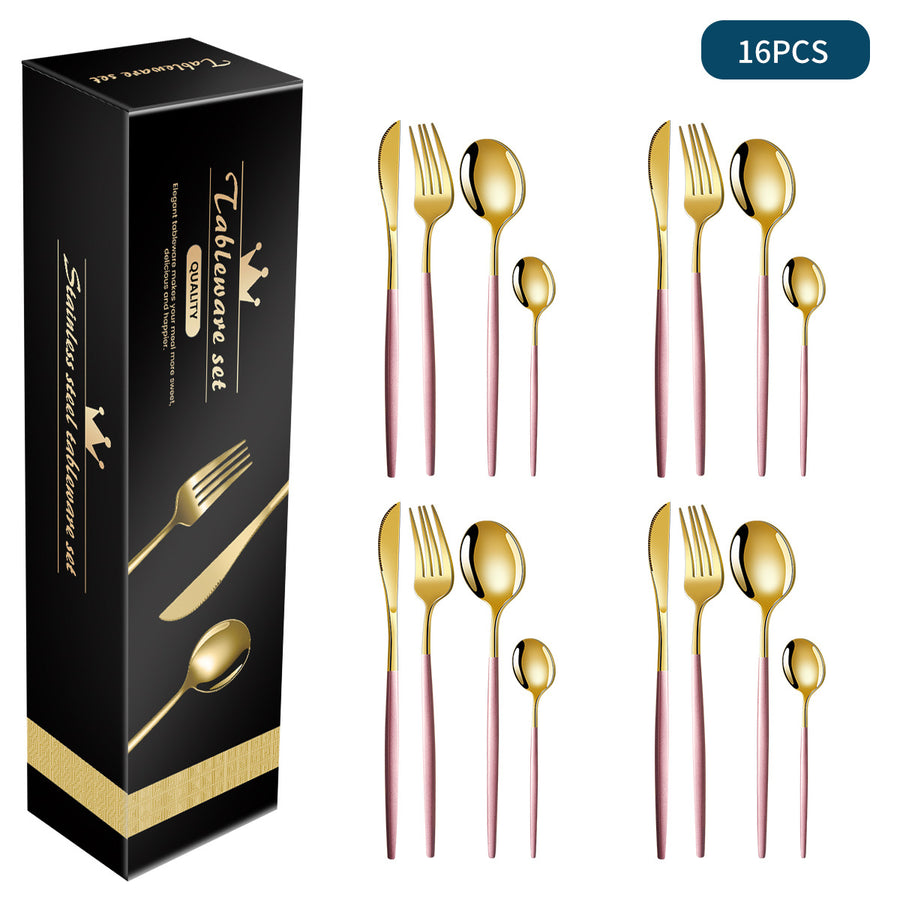 Pink And Gold Patchwork Colours 410 Stainless Steel 16-Piece Flatware Set - Elegant Dinnerware with Knife, Fork, Spoon f
