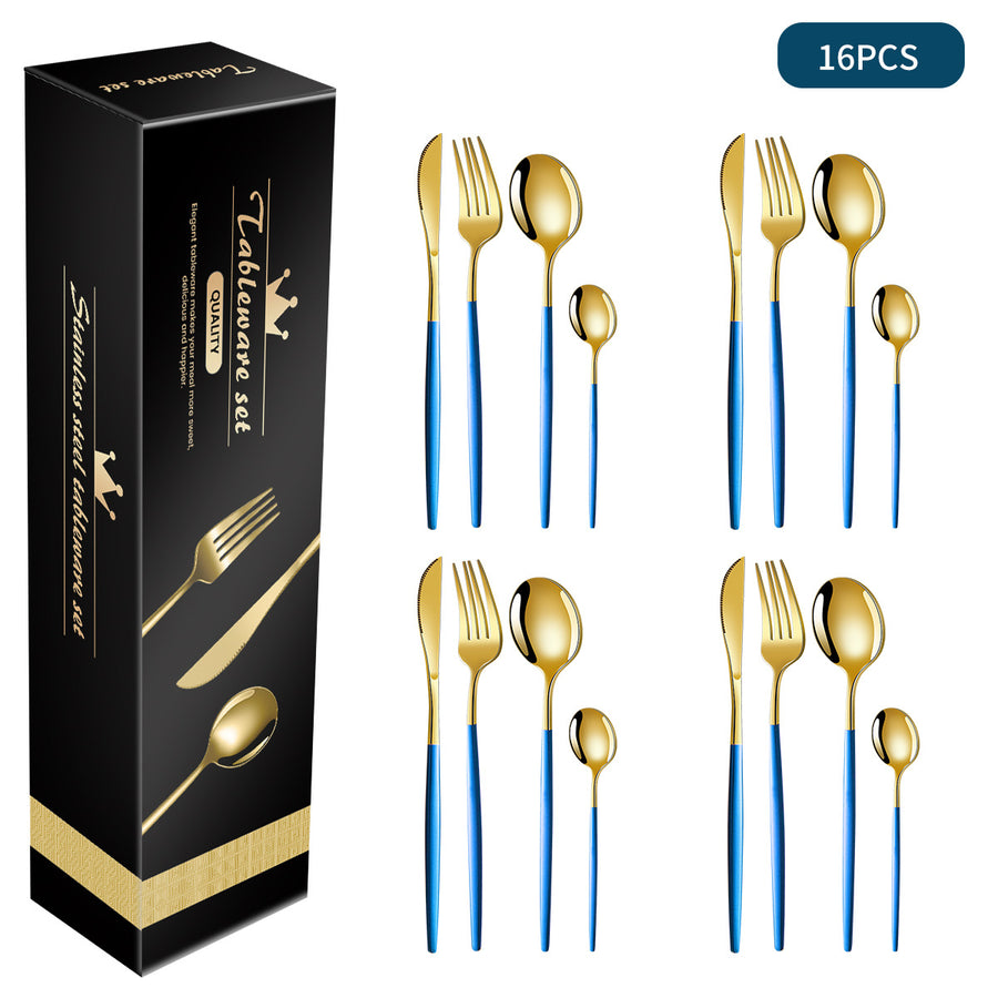 Blue And Gold Patchwork Colours 410 Stainless Steel 16-Piece Flatware Set - Elegant Dinnerware with Knife, Fork, Spoon f