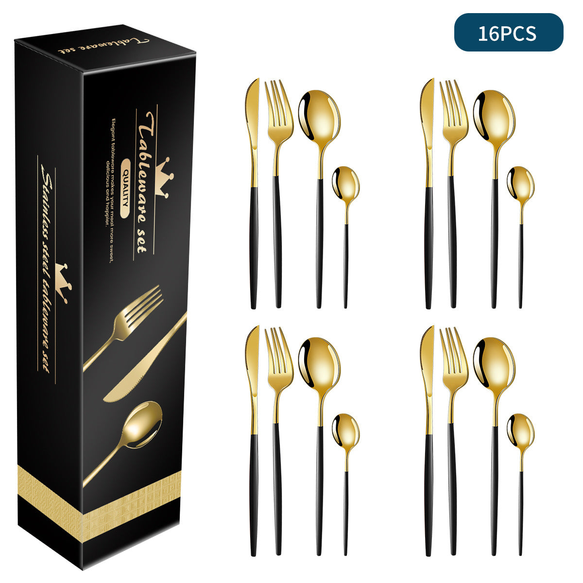 Black And Gold Patchwork Colours 410 Stainless Steel 16-Piece Flatware Set - Elegant Dinnerware with Knife, Fork, Spoon 