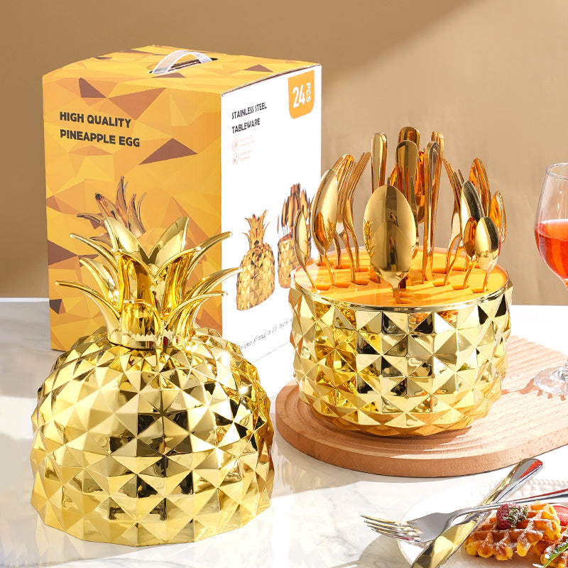 Gold Creative Pineapple-Shaped 410 Stainless Steel 24-Piece Cutlery Set â€“ Elegant 6-Person Dining Gift Set