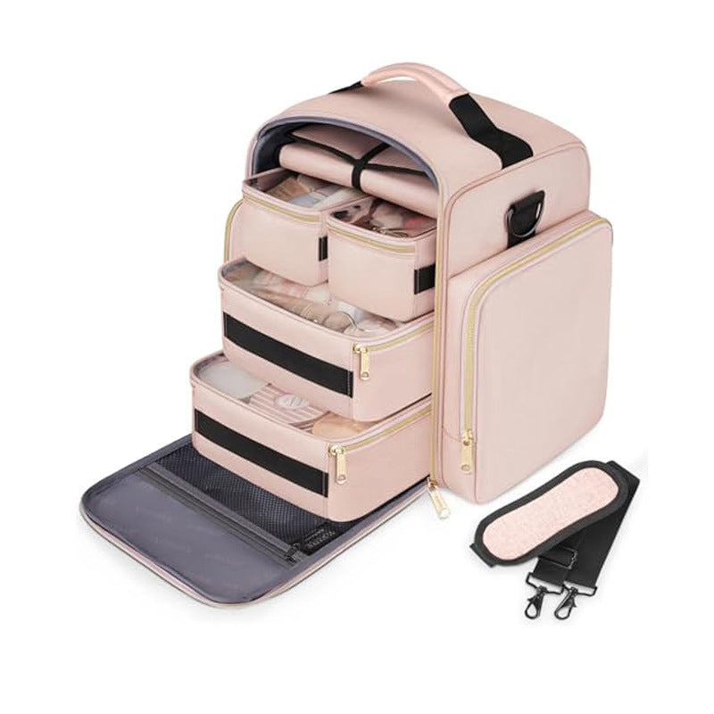 Pink 4-in-1 Travel Cosmetic Organizer Bag with Detachable Polyester Storage Boxes and Jewelry Roll, Multiple Compartment
