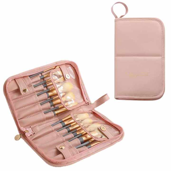 Pink Portable Shell Makeup Brush Storage Bag - Multi-Functional PU Cosmetic Organizer with Button Closure, Convertible t