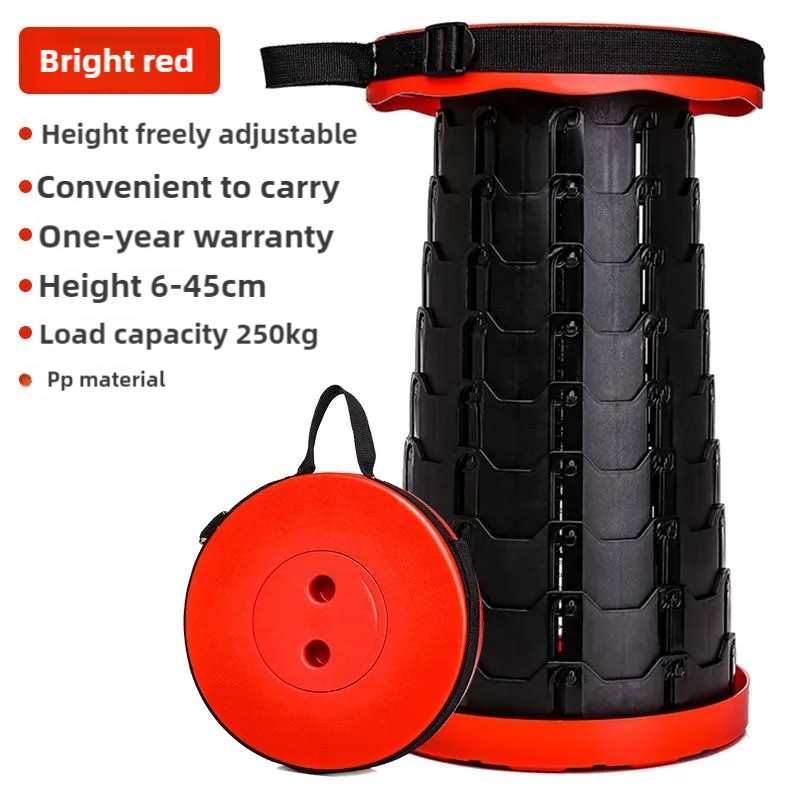 Black and Red Splicing Color Portable Outdoor Telescopic Folding Stool with 100 Weight-Bearing Buckles, Lightweight and 