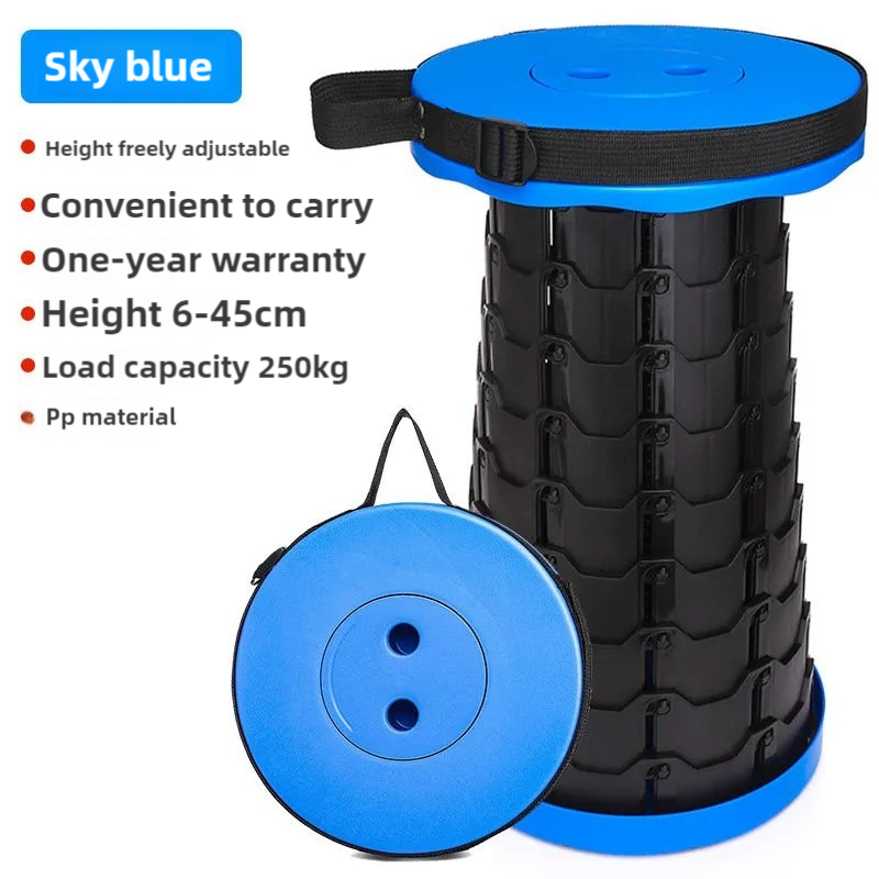 Black and Blue Splicing Color Portable Outdoor Telescopic Folding Stool with 100 Weight-Bearing Buckles, Lightweight and