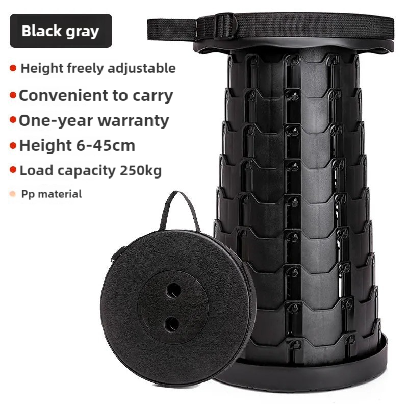 Black Portable Outdoor Telescopic Folding Stool with 100 Weight-Bearing Buckles, Lightweight and Compact Design, Perfect
